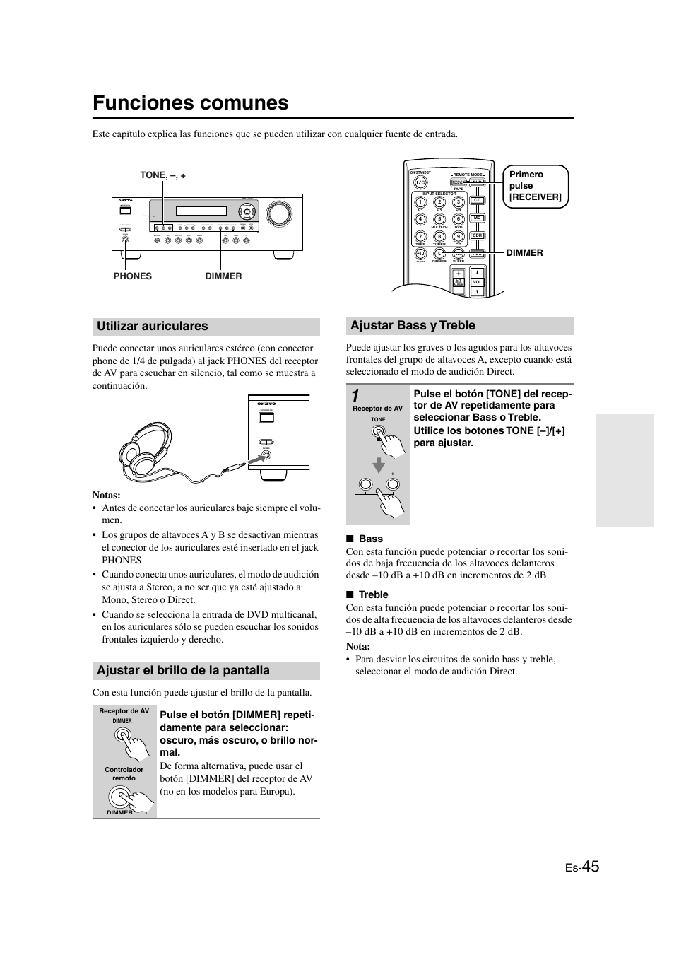 Funciones comunes, Utilizar auriculares, Ajustar el brillo de la pantalla | Ajustar bass y treble, K phones (45), Botón dimmer (45) | Onkyo HT-S3100 User Manual | Page 107 / 128