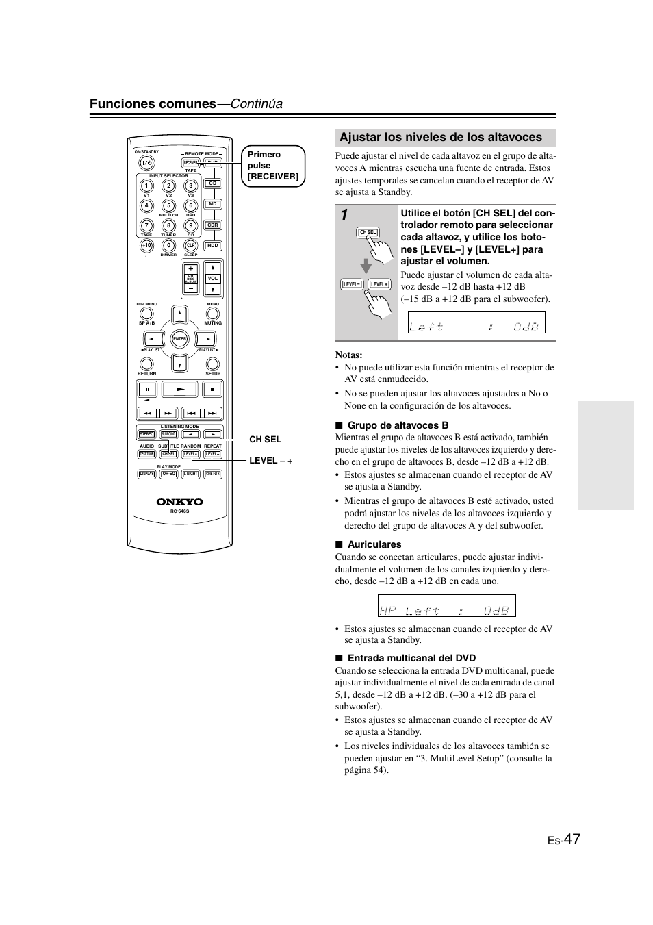 Ajustar los niveles de los altavoces, Funciones comunes —continúa, Level – + ch sel primero pulse [receiver | Onkyo HT-S3100 User Manual | Page 109 / 128