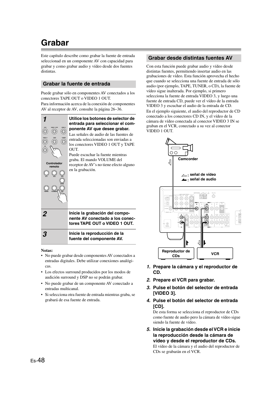 Grabar, Grabar la fuente de entrada, Grabar desde distintas fuentes av | Onkyo HT-S3100 User Manual | Page 110 / 128