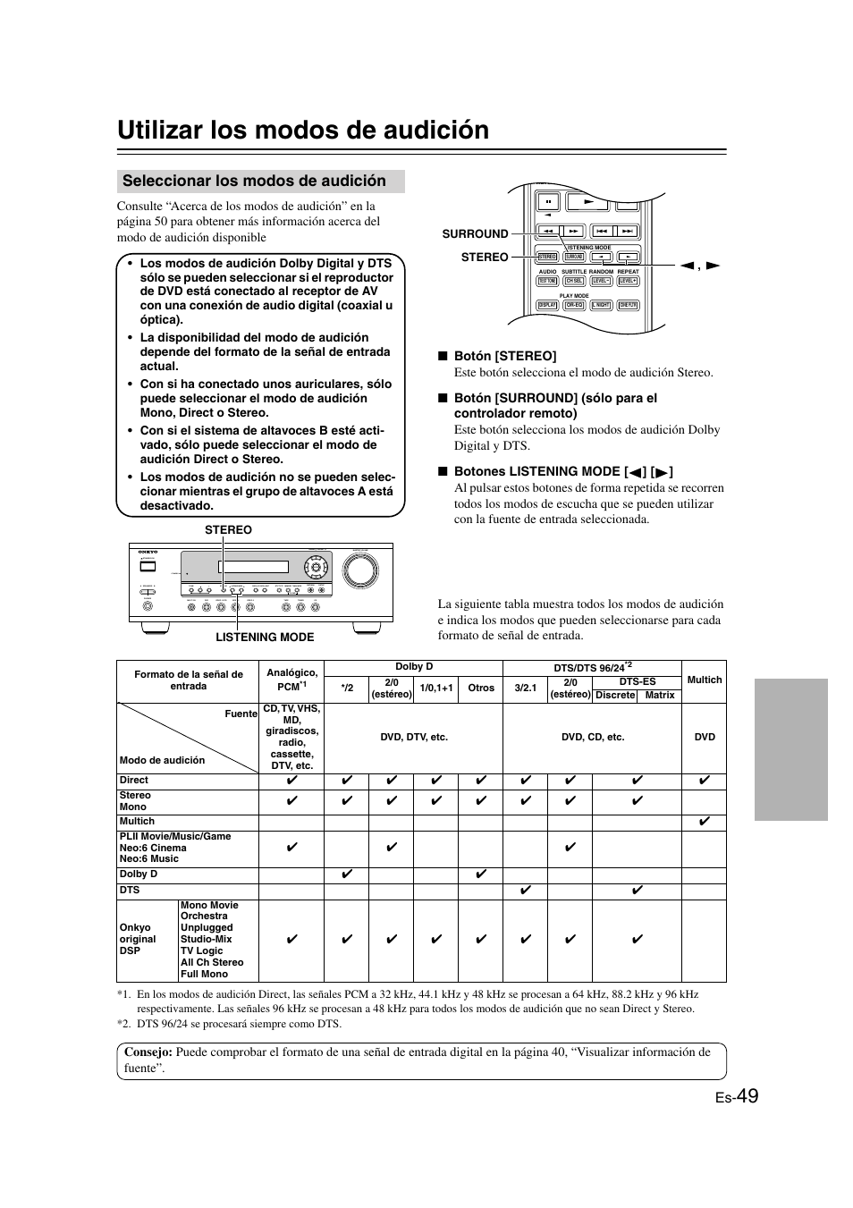 Utilizar los modos de audición, Seleccionar los modos de audición, Disfrutar de los modos | De audición............................es-49, Botón stereo (49), Botones listening mode (49) | Onkyo HT-S3100 User Manual | Page 111 / 128