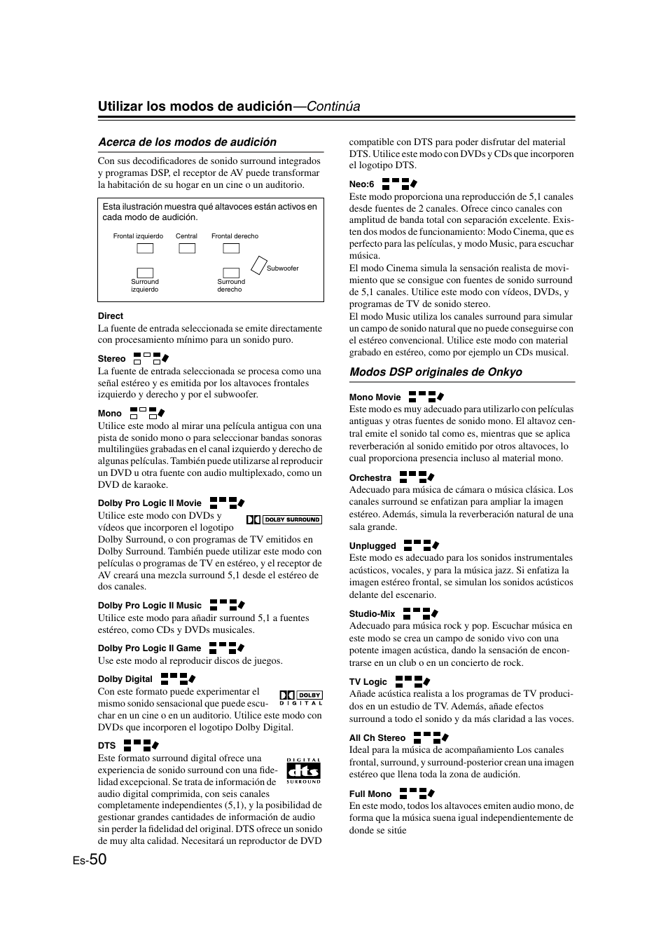 Acerca de los modos de audición, Modos dsp originales de onkyo, Utilizar los modos de audición —continúa | Onkyo HT-S3100 User Manual | Page 112 / 128
