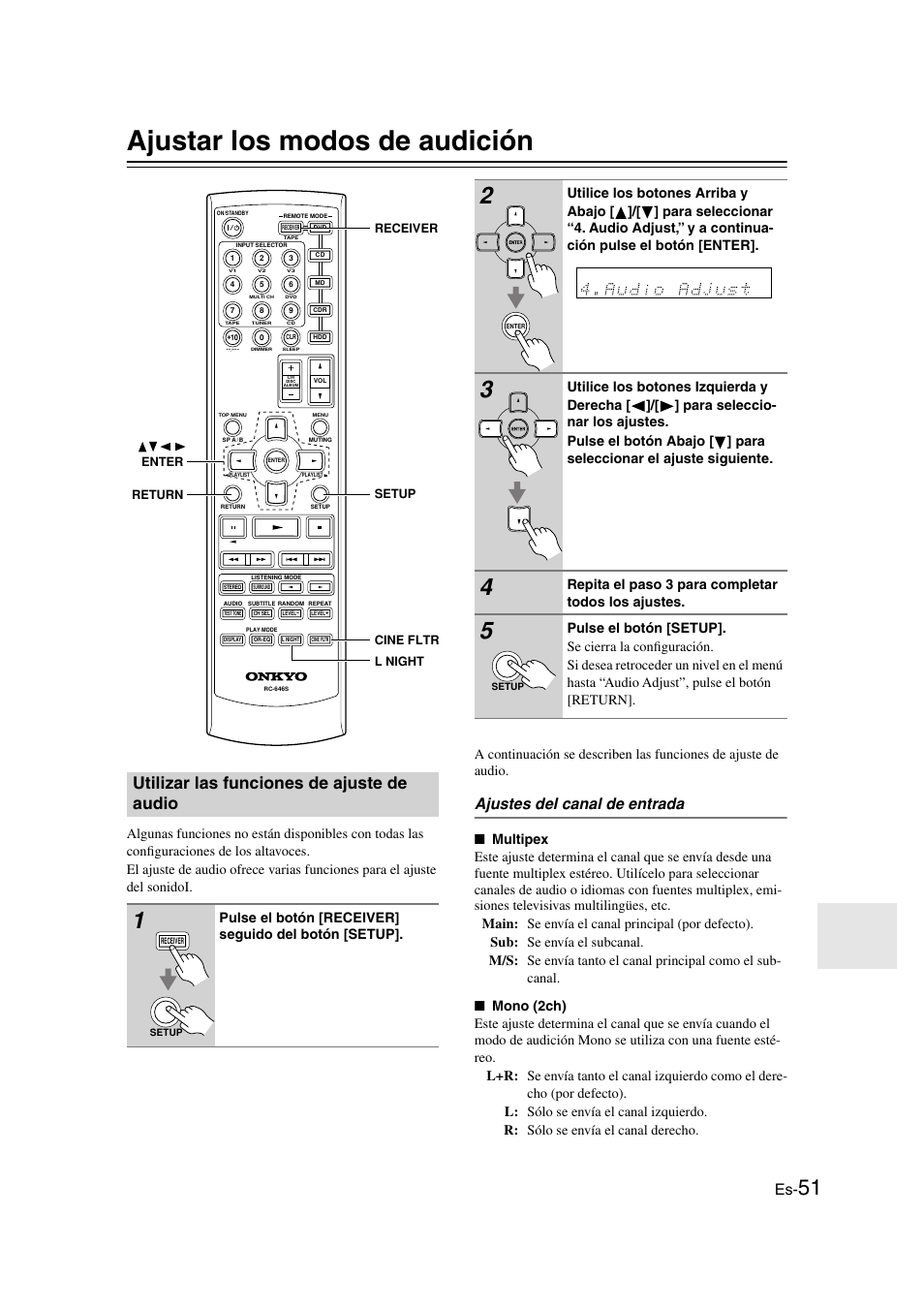 Ajustar los modos de audición, Utilizar las funciones de ajuste de audio, Ajustes del canal de entrada | Funcionamiento avanzado ......es-51, Pulse el botón [receiver] seguido del botón [setup, Repita el paso 3 para completar todos los ajustes | Onkyo HT-S3100 User Manual | Page 113 / 128