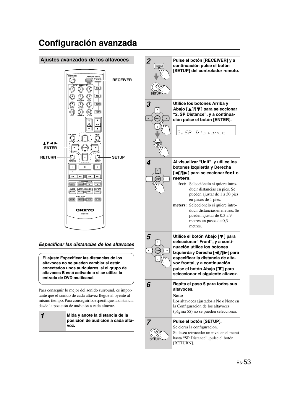 Configuración avanzada, Ajustes avanzados de los altavoces, Especificar las distancias de los altavoces | Onkyo HT-S3100 User Manual | Page 115 / 128