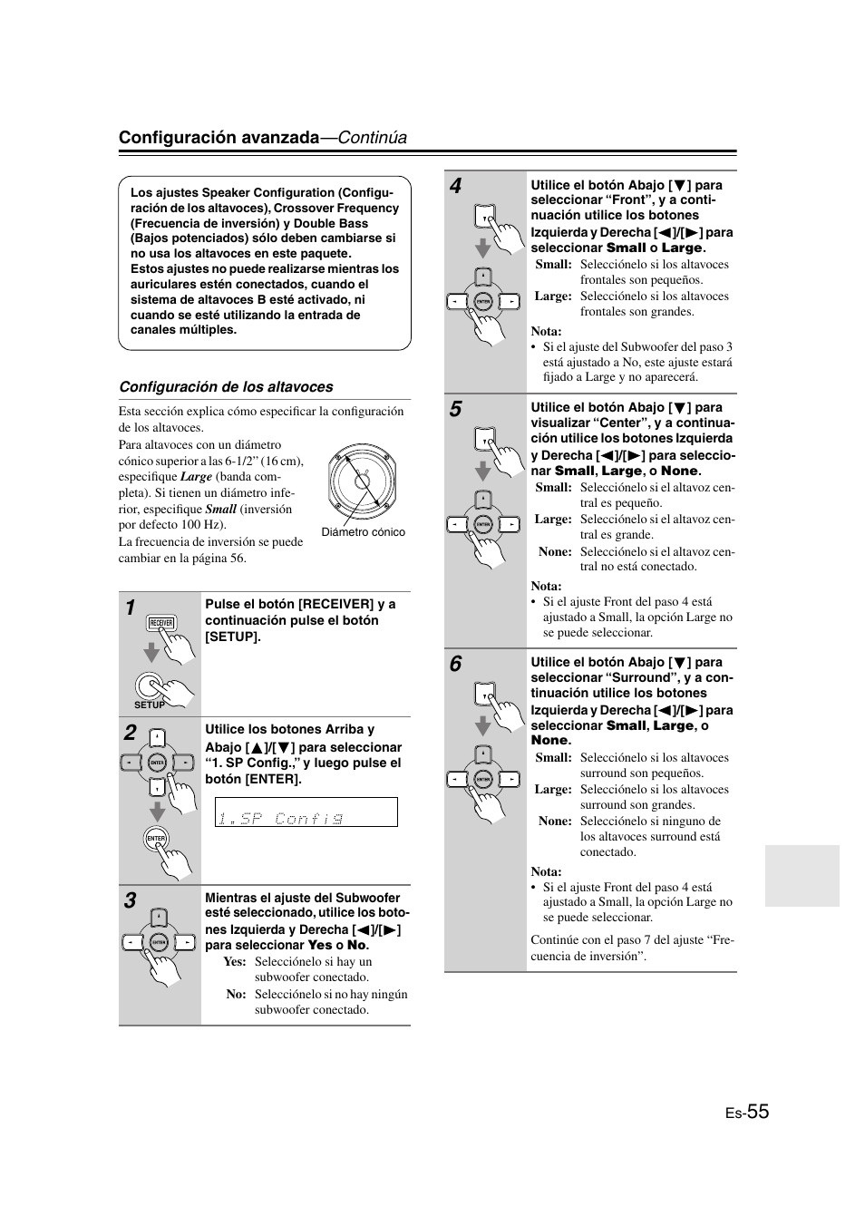 Configuración de los altavoces, Configuración avanzada —continúa | Onkyo HT-S3100 User Manual | Page 117 / 128