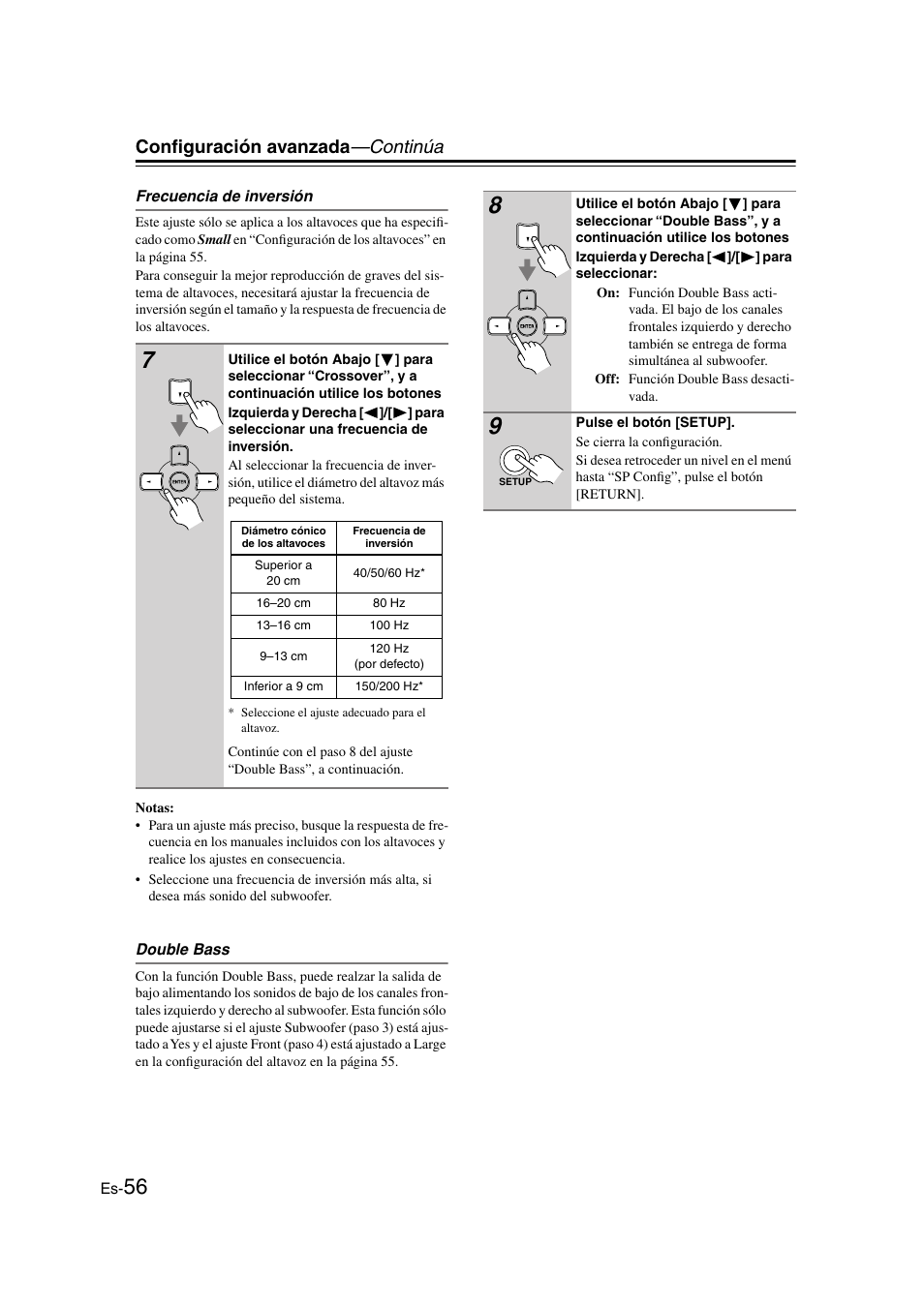 Frecuencia de inversión, Double bass, Configuración avanzada —continúa | Onkyo HT-S3100 User Manual | Page 118 / 128