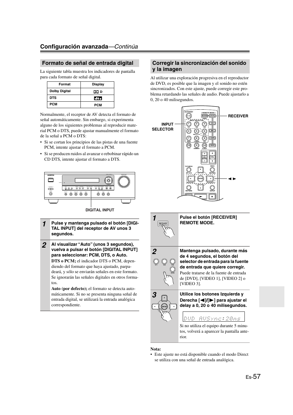 Formato de señal de entrada digital, Corregir la sincronización del sonido y la imagen, Configuración avanzada —continúa | Pulse el botón [receiver] remote mode | Onkyo HT-S3100 User Manual | Page 119 / 128