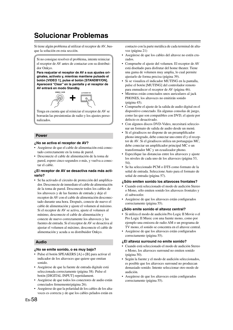 Solucionar problemas, Solucionar problemas .............es-58 | Onkyo HT-S3100 User Manual | Page 120 / 128