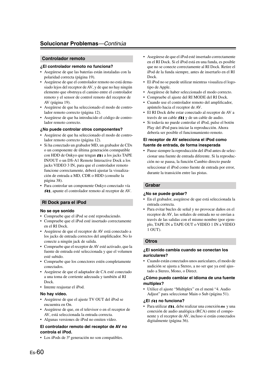 Solucionar problemas —continúa | Onkyo HT-S3100 User Manual | Page 122 / 128