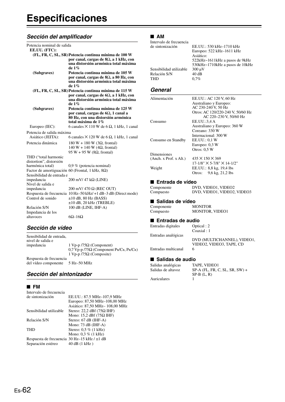 Especificaciones, Sección del amplificador, Sección de vídeo | Sección del sintonizador, General, Especificaciones ......................es-62 | Onkyo HT-S3100 User Manual | Page 124 / 128