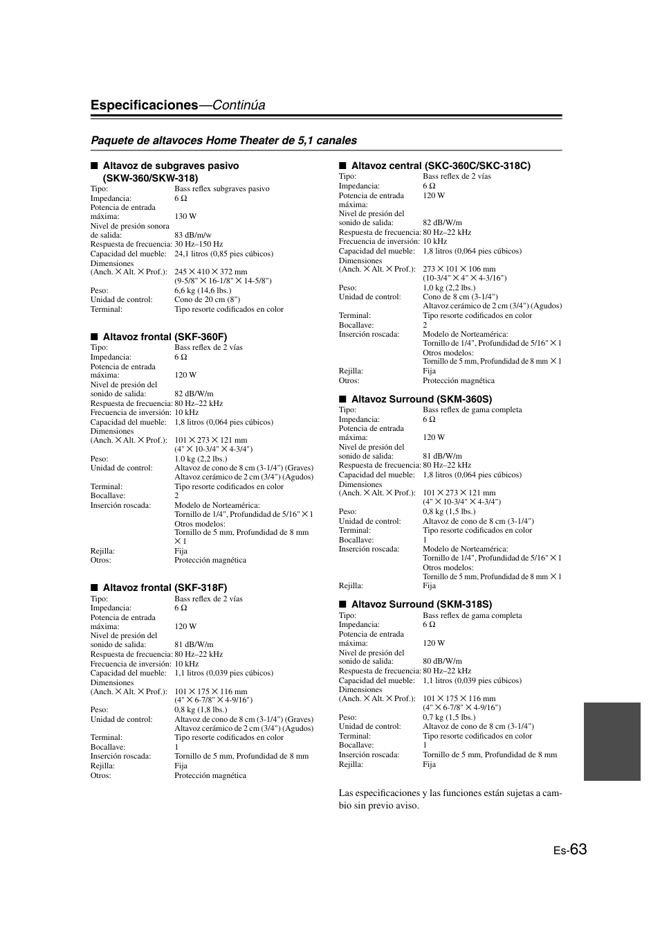 Paquete de altavoces home theater de 5,1 canales, Especificaciones —continúa | Onkyo HT-S3100 User Manual | Page 125 / 128