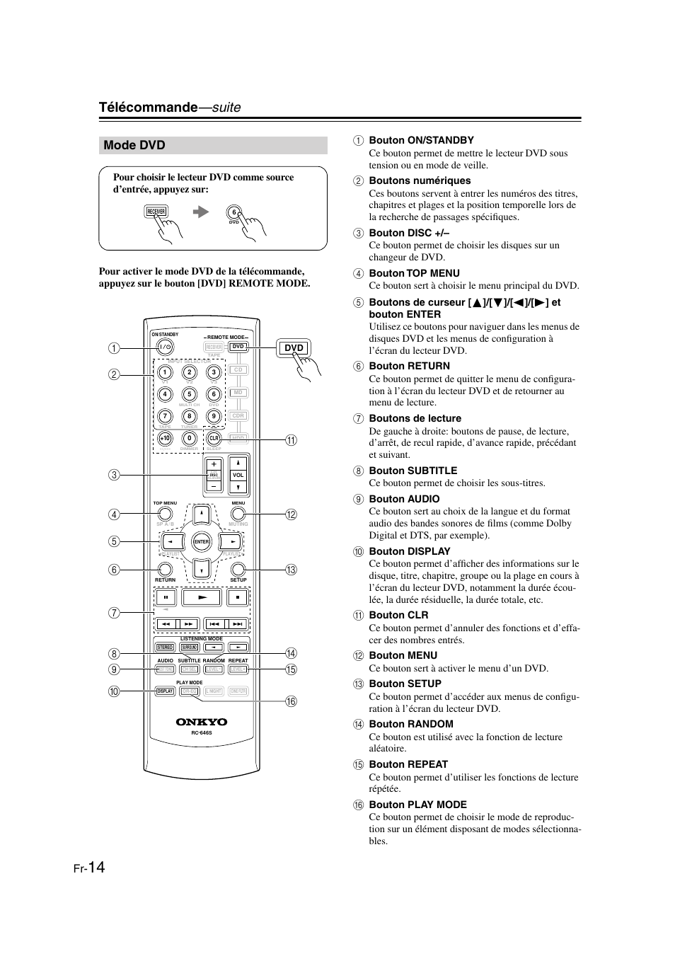 Mode dvd, Télécommande —suite | Onkyo HT-S3100 User Manual | Page 14 / 128