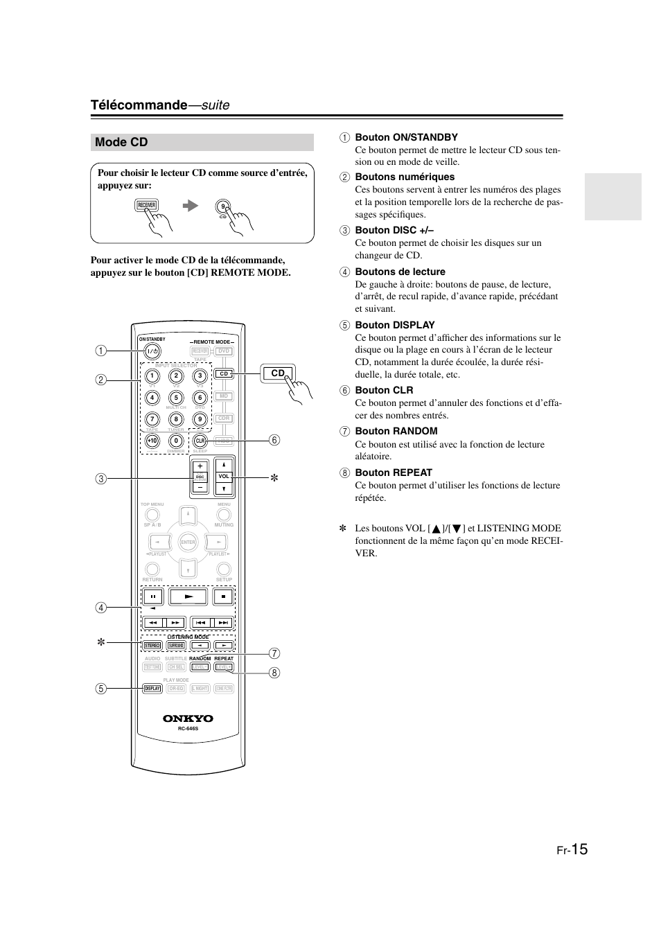 Mode cd, Télécommande —suite | Onkyo HT-S3100 User Manual | Page 15 / 128