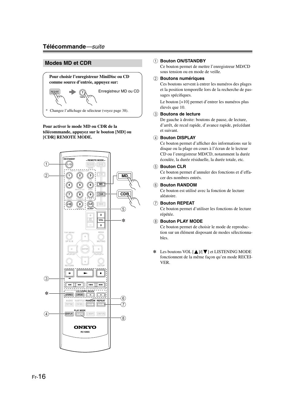 Modes md et cdr, Télécommande —suite | Onkyo HT-S3100 User Manual | Page 16 / 128