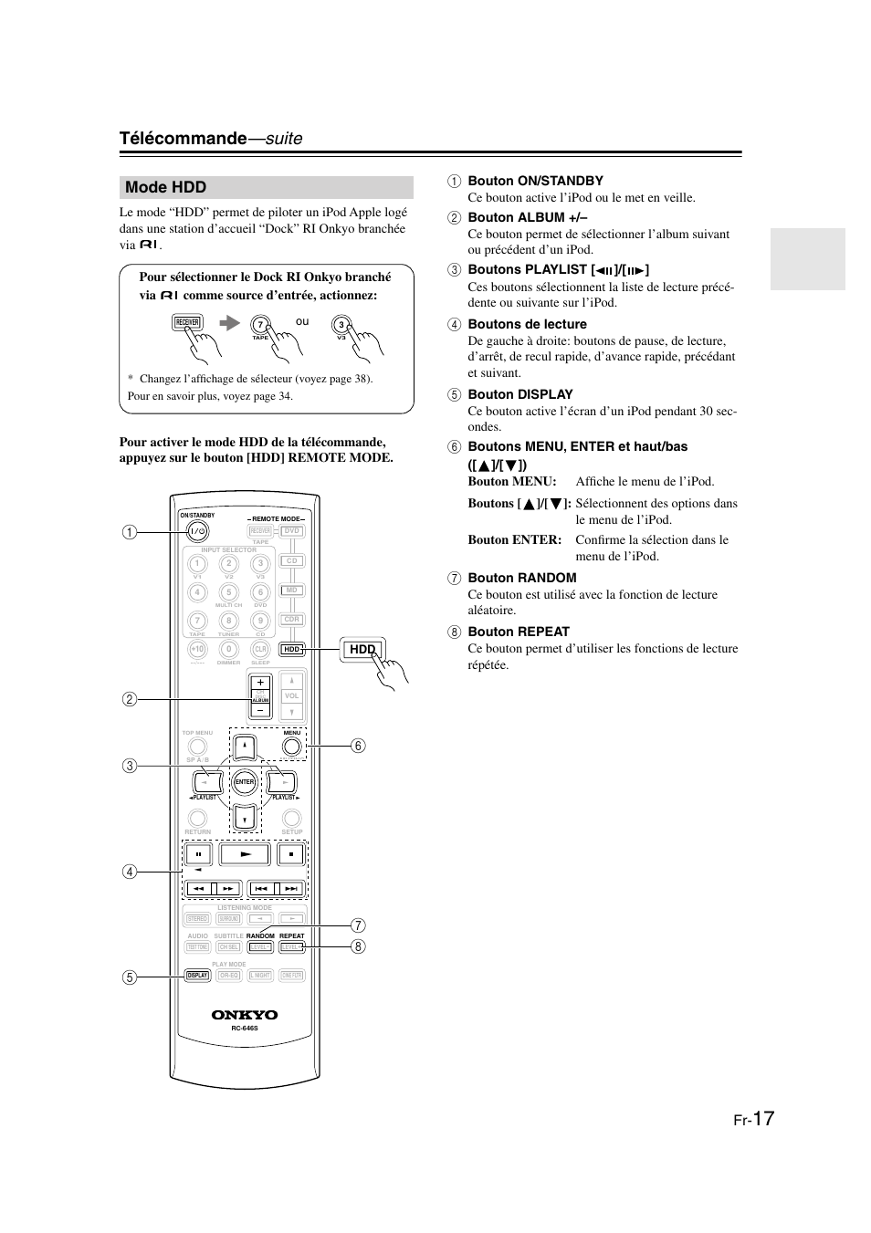 Mode hdd, Télécommande —suite | Onkyo HT-S3100 User Manual | Page 17 / 128