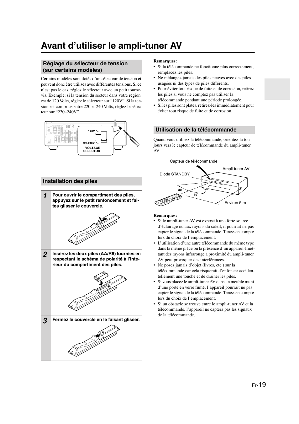 Avant d’utiliser le ampli-tuner av, Installation des piles, Utilisation de la télécommande | Capteur de télécommande (19) | Onkyo HT-S3100 User Manual | Page 19 / 128