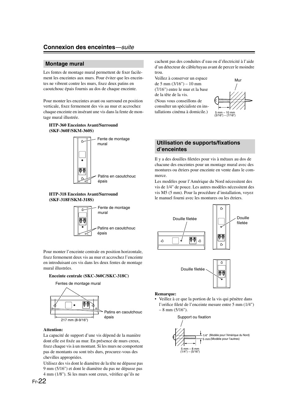 Montage mural, Utilisation de supports/fixations d’enceintes, Connexion des enceintes —suite | Onkyo HT-S3100 User Manual | Page 22 / 128