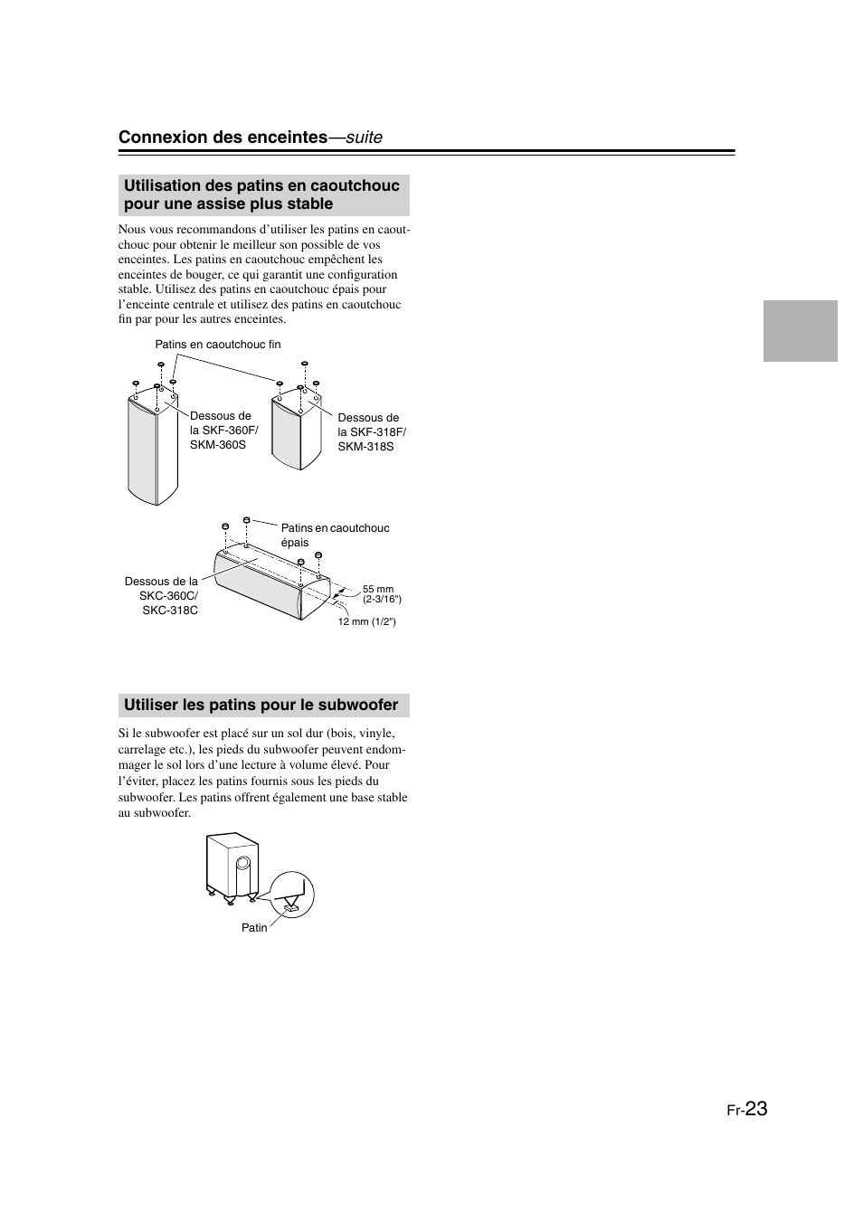 Utiliser les patins pour le subwoofer, Connexion des enceintes —suite | Onkyo HT-S3100 User Manual | Page 23 / 128