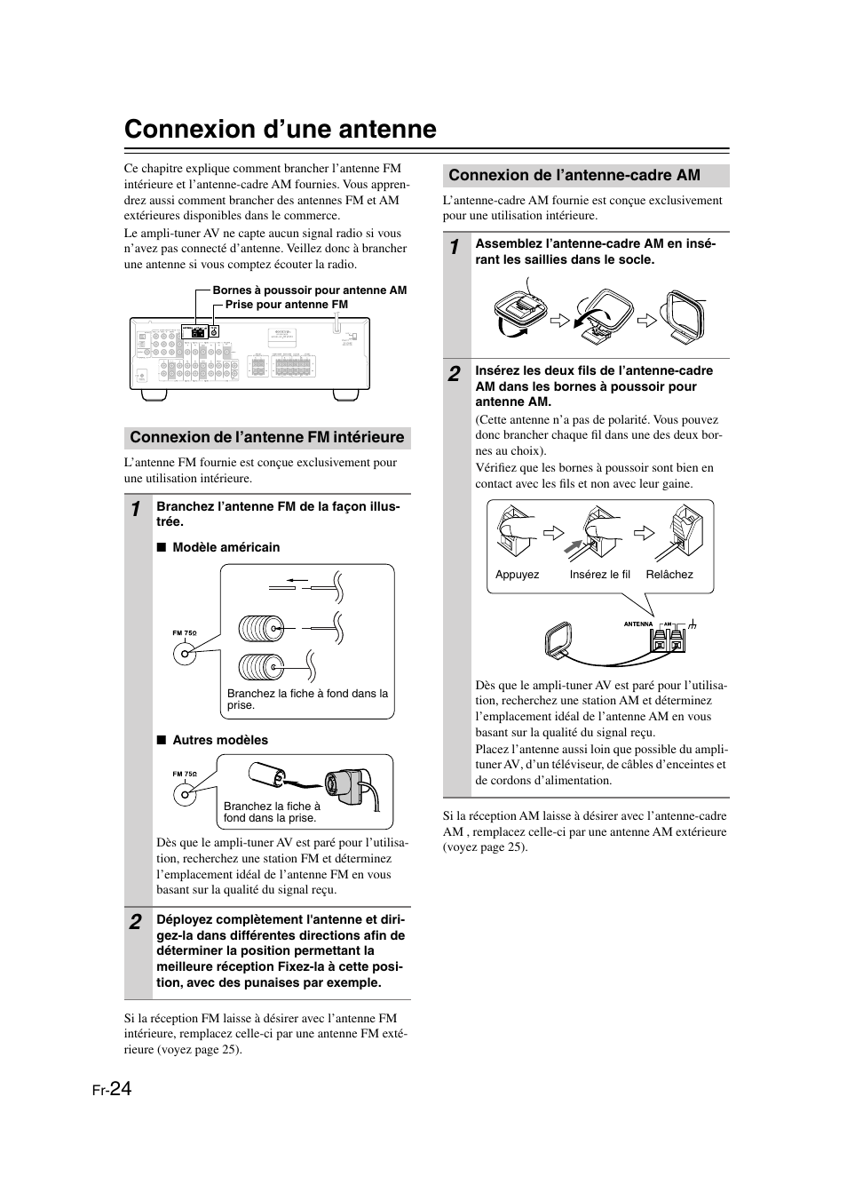 Connexion d’une antenne, Connexion de l’antenne fm intérieure, Connexion de l’antenne-cadre am | Onkyo HT-S3100 User Manual | Page 24 / 128