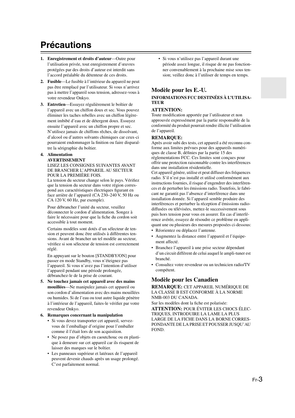 Précautions, Modèle pour les e.-u, Modèle pour les canadien | Onkyo HT-S3100 User Manual | Page 3 / 128