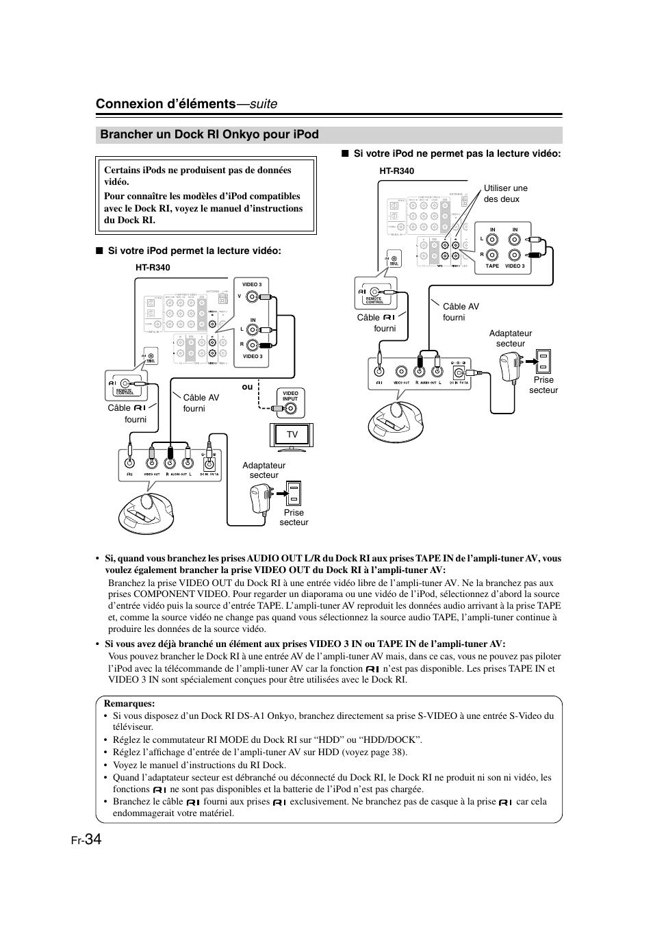 Brancher un dock ri onkyo pour ipod, Connexion d’éléments —suite | Onkyo HT-S3100 User Manual | Page 34 / 128