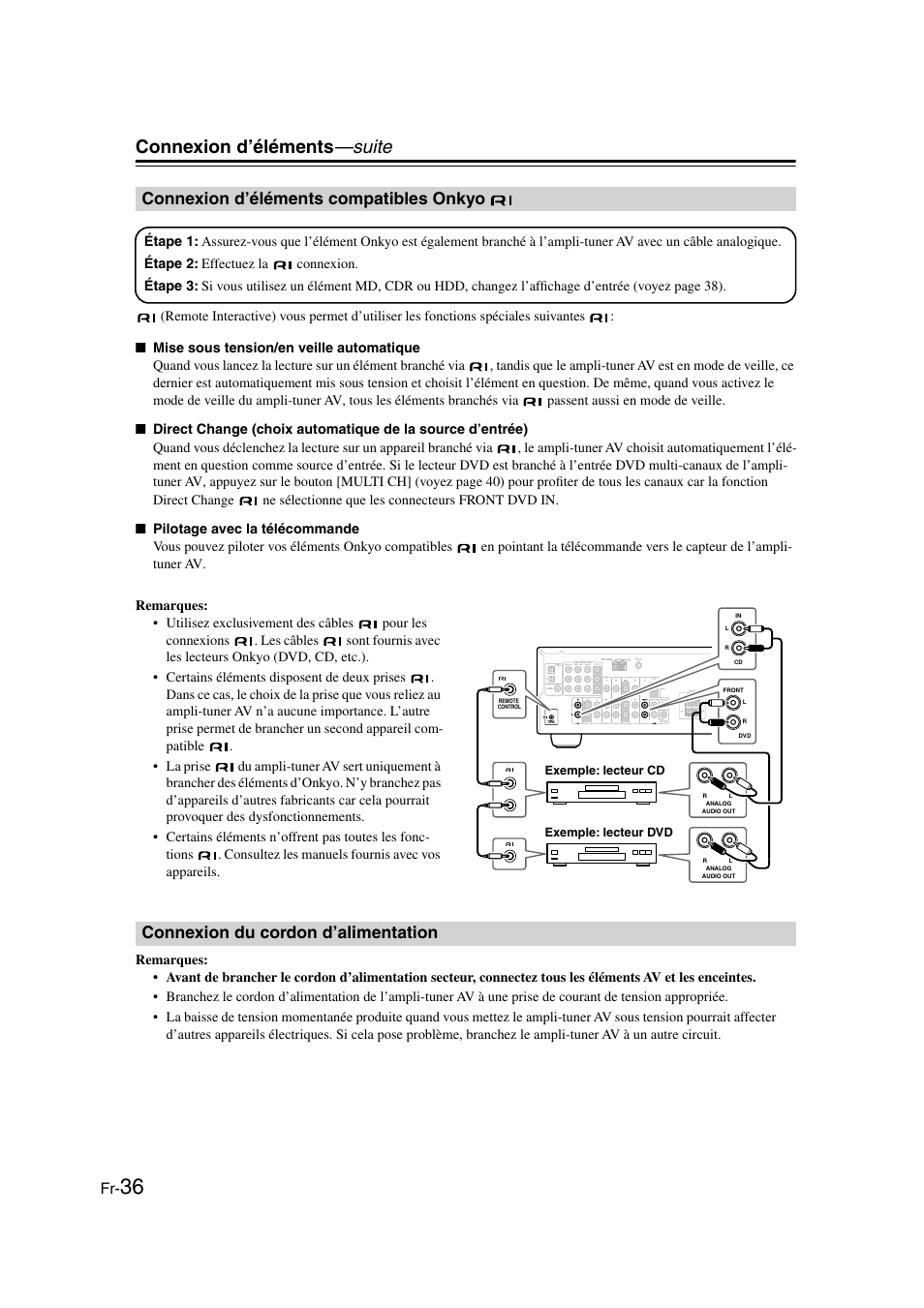 Connexion d’éléments compatibles onkyo, Connexion du cordon d’alimentation, Connexion d’éléments —suite | Onkyo HT-S3100 User Manual | Page 36 / 128