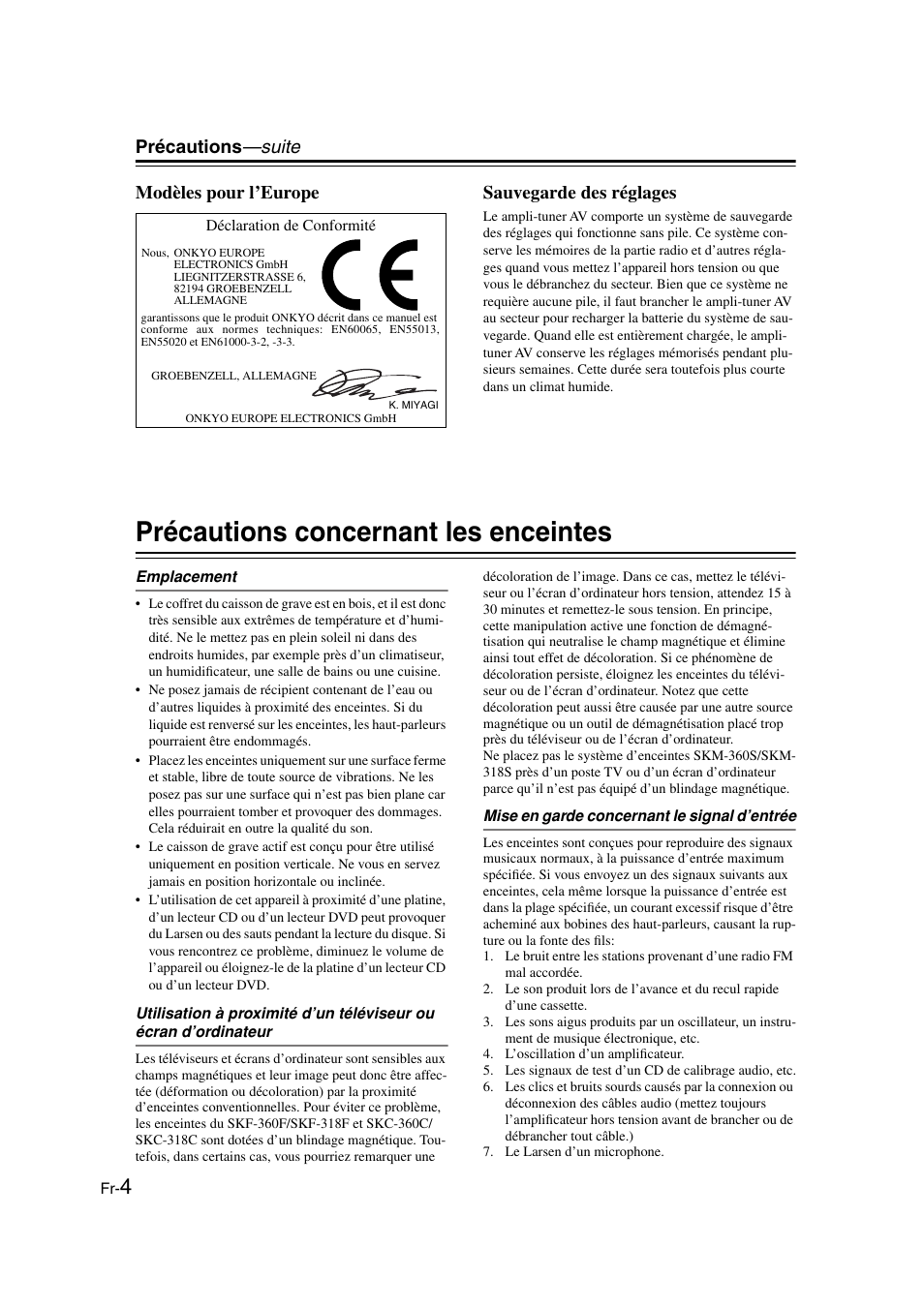 Précautions concernant les enceintes, Emplacement, Mise en garde concernant le signal d’entrée | Onkyo HT-S3100 User Manual | Page 4 / 128