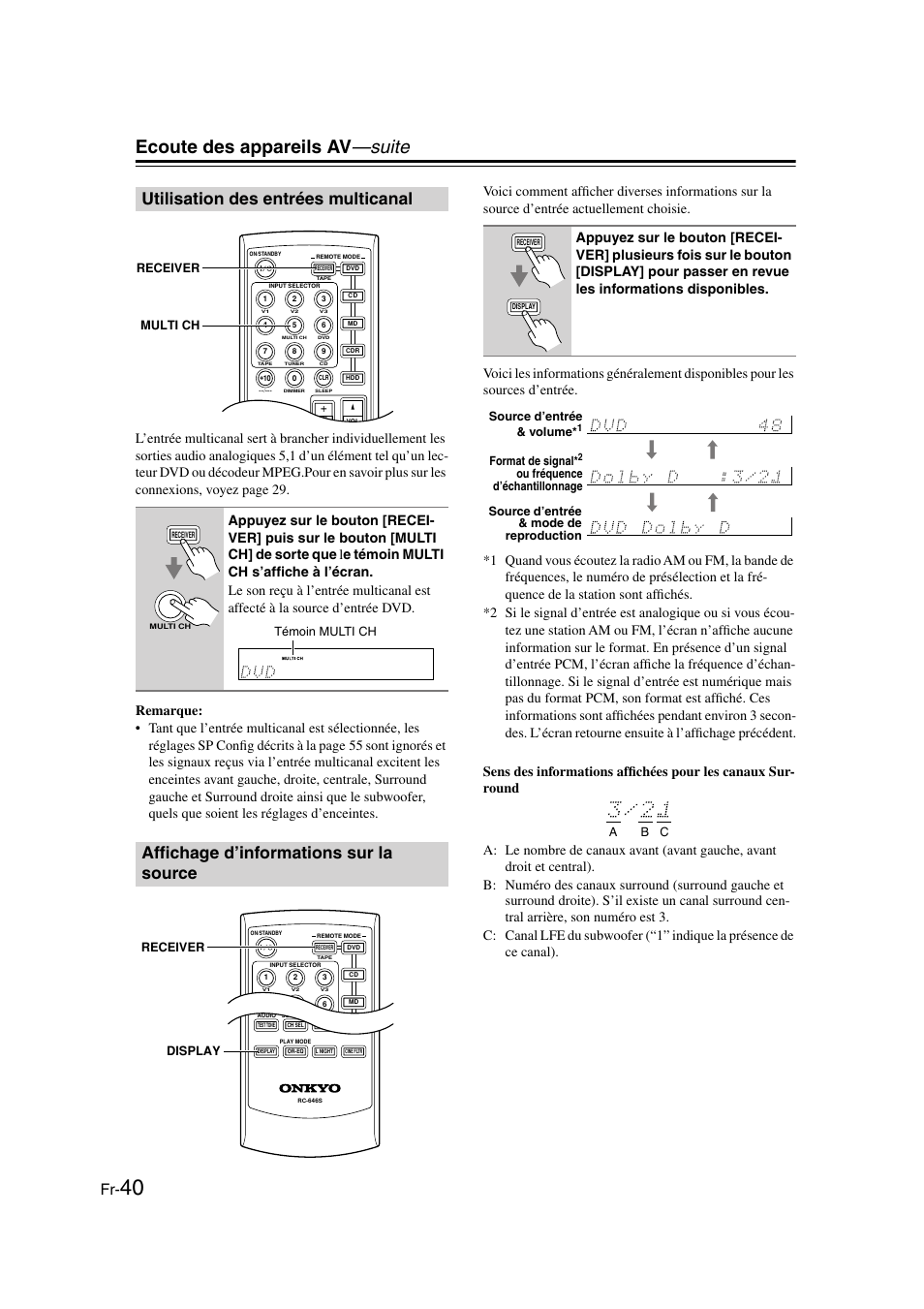 Utilisation des entrées multicanal, Affichage d’informations sur la source, Y (40) | Boutons de sélection d’entrée (38–40), Ti ch (40), Ecoute des appareils av —suite | Onkyo HT-S3100 User Manual | Page 40 / 128