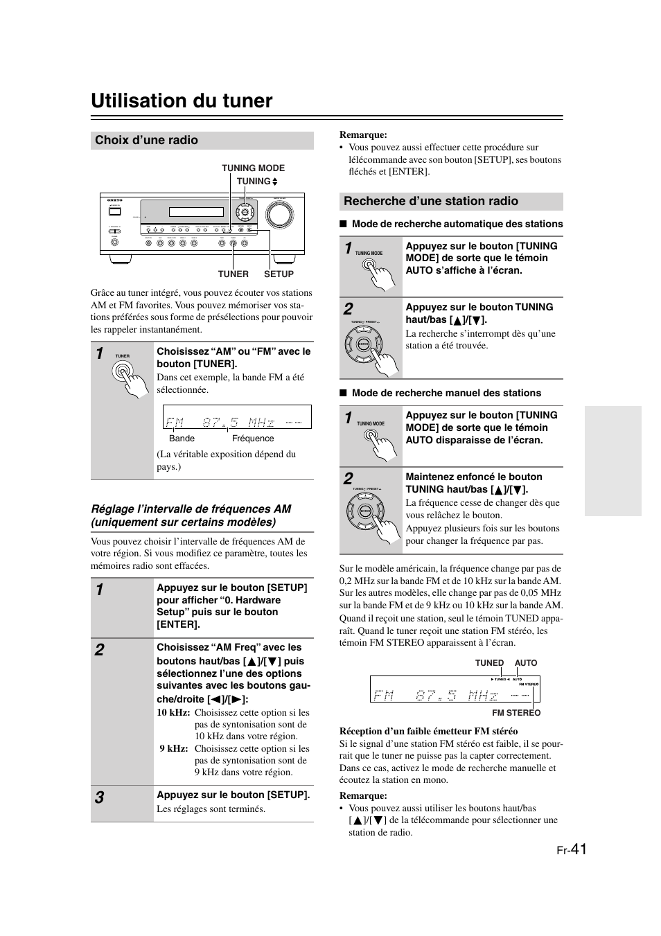 Utilisation du tuner, Choix d’une radio, Recherche d’une station radio | Utilisation du tuner ...................fr-41, Tuning mode (41), Tuned (41), Fm stereo (41) | Onkyo HT-S3100 User Manual | Page 41 / 128