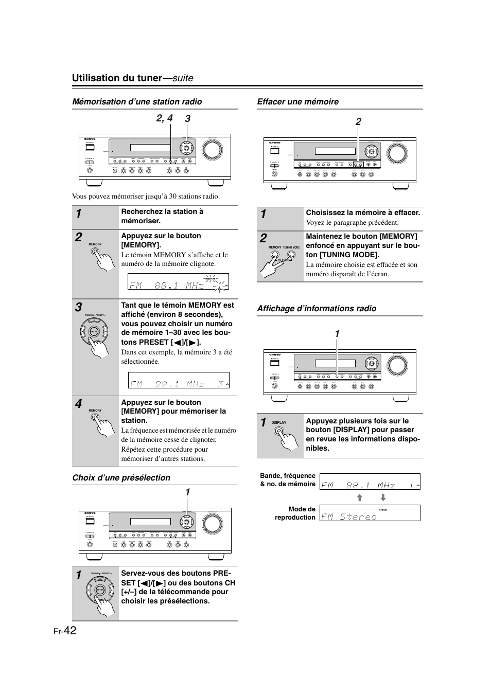 Mémorisation d’une station radio, Choix d’une présélection, Effacer une mémoire | Affichage d’informations radio, Y (42), Bouton ch +/– (42), Utilisation du tuner —suite | Onkyo HT-S3100 User Manual | Page 42 / 128