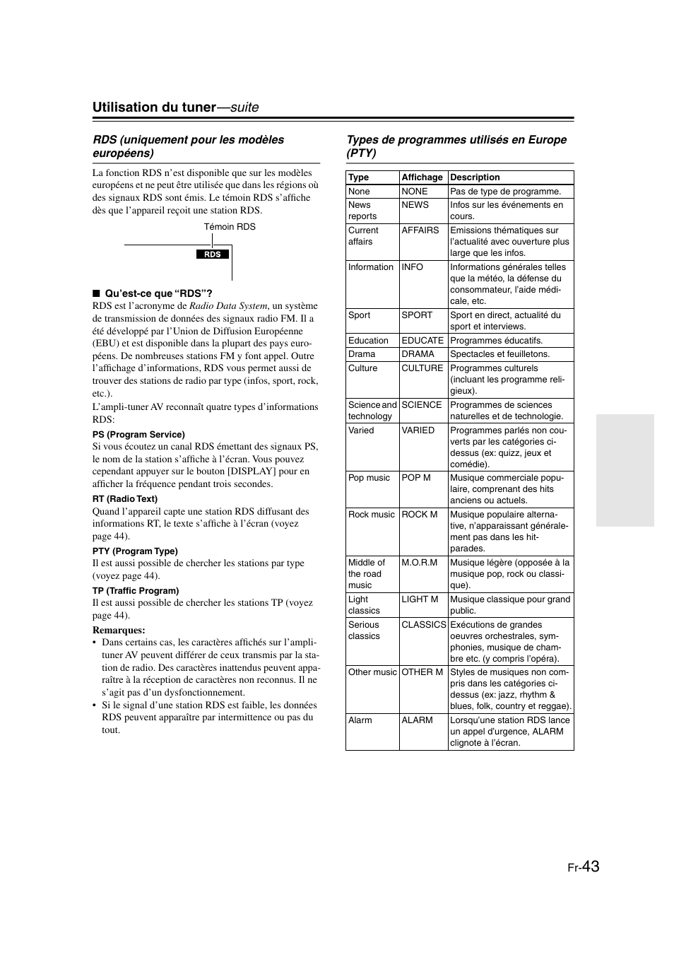 Rds (uniquement pour les modèles européens), Types de programmes utilisés en europe (pty), Utilisation du tuner —suite | Onkyo HT-S3100 User Manual | Page 43 / 128