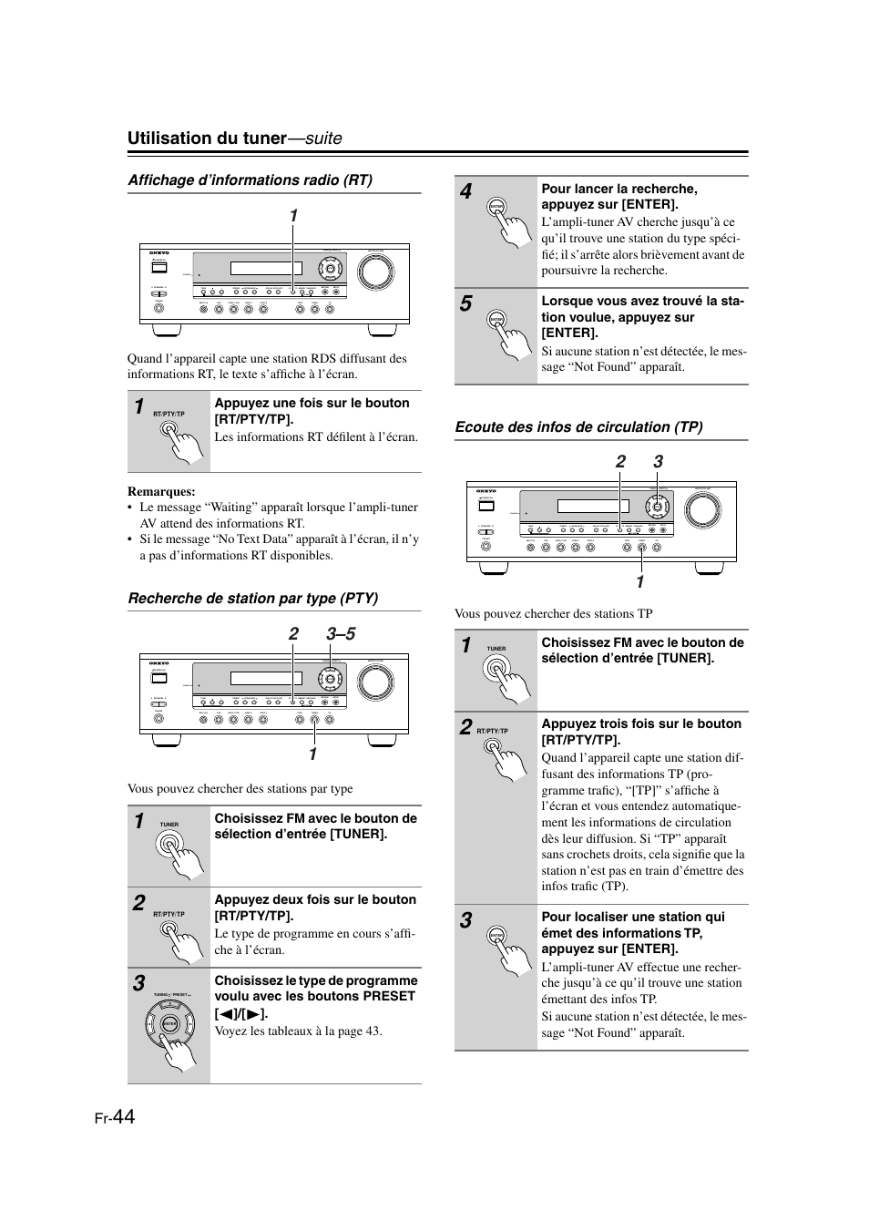 Affichage d’informations radio (rt), Recherche de station par type (pty), Ecoute des infos de circulation (tp) | T/pty/tp (44, Utilisation du tuner —suite | Onkyo HT-S3100 User Manual | Page 44 / 128