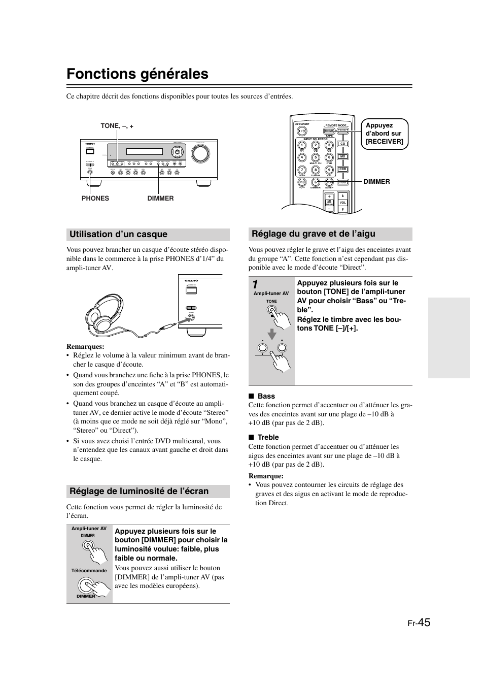 Fonctions générales, Utilisation d’un casque, Réglage de luminosité de l’écran | Réglage du grave et de l’aigu, Prise phones (45), Et [+] (45), Bouton dimmer (45) | Onkyo HT-S3100 User Manual | Page 45 / 128