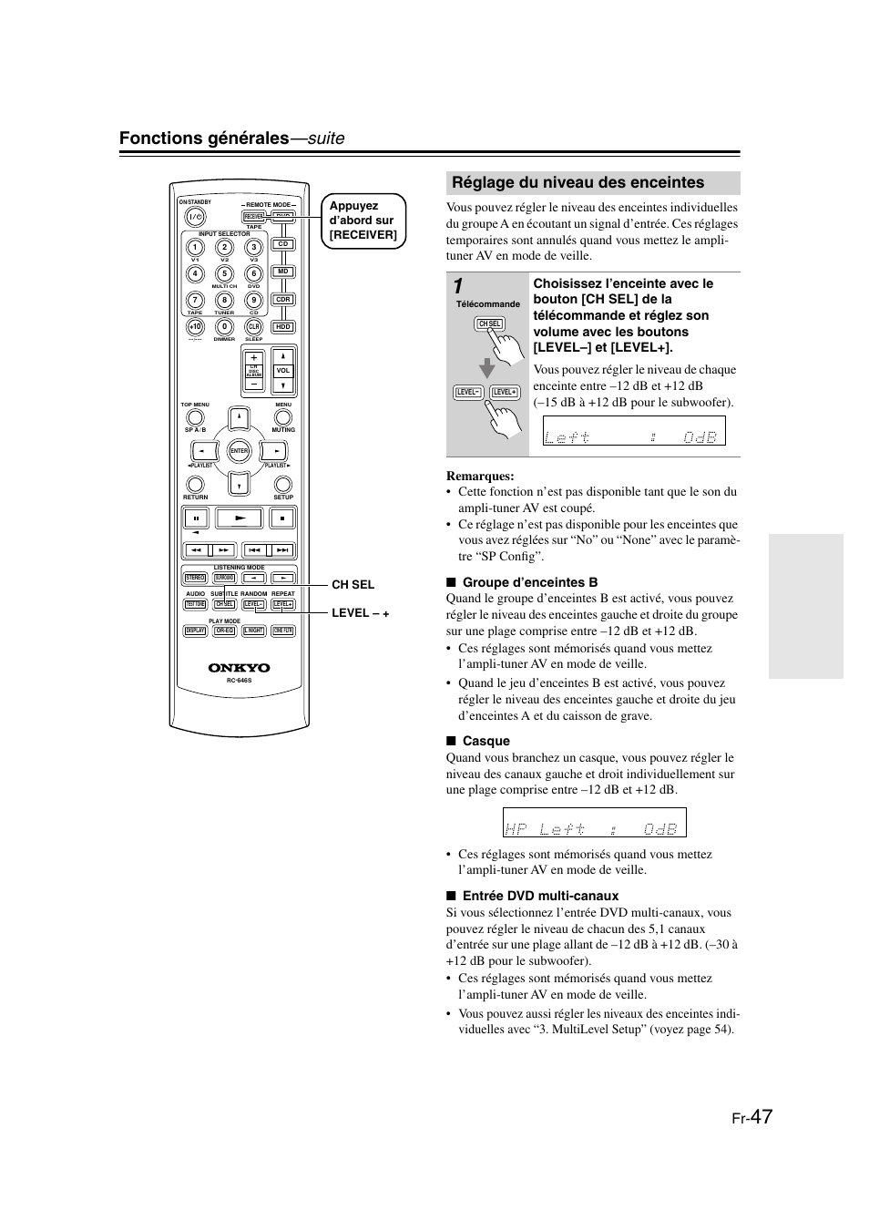 Réglage du niveau des enceintes, Fonctions générales —suite, Level – + ch sel appuyez d’abord sur [receiver | Onkyo HT-S3100 User Manual | Page 47 / 128