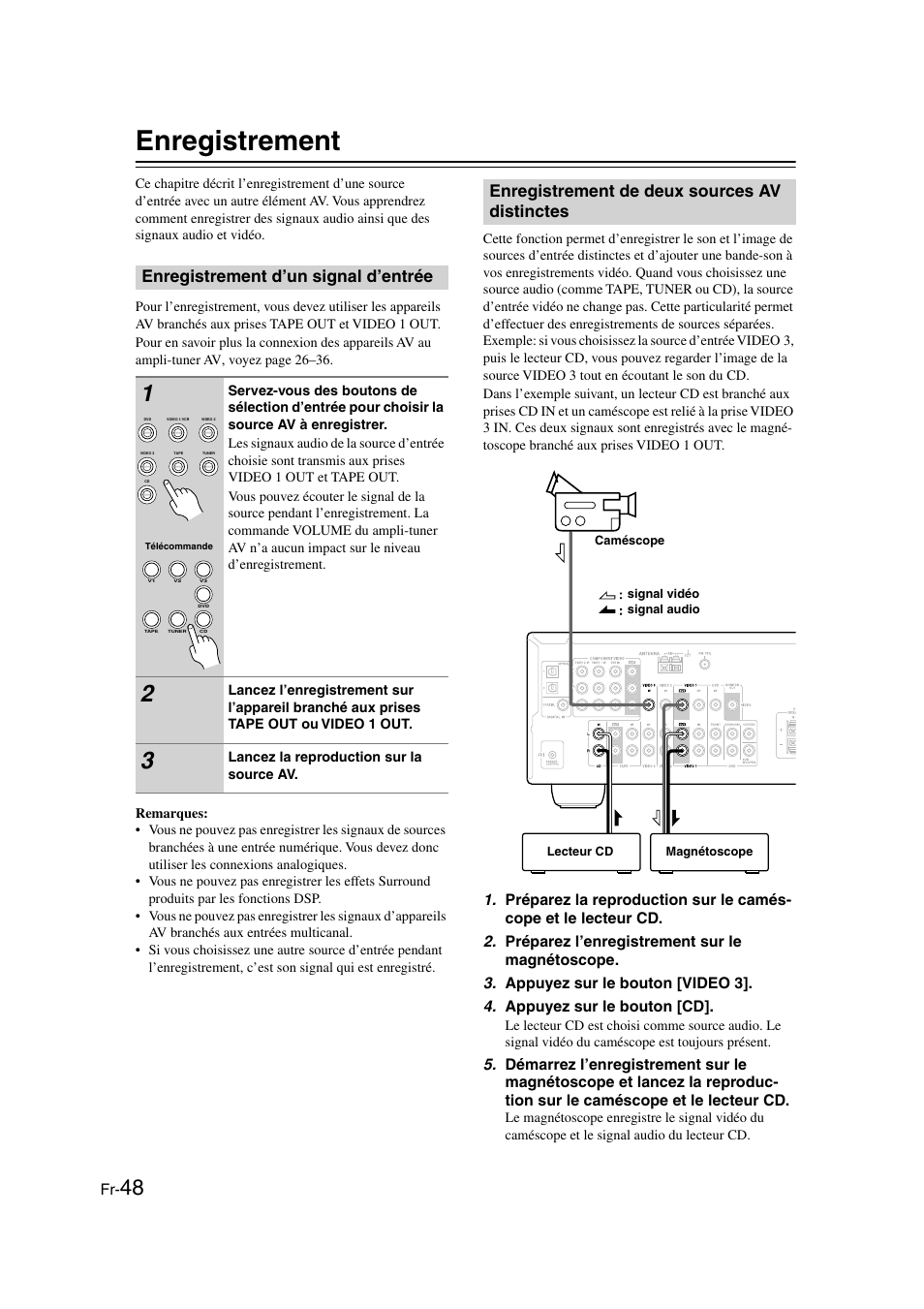 Enregistrement, Enregistrement d’un signal d’entrée, Enregistrement de deux sources av distinctes | Onkyo HT-S3100 User Manual | Page 48 / 128