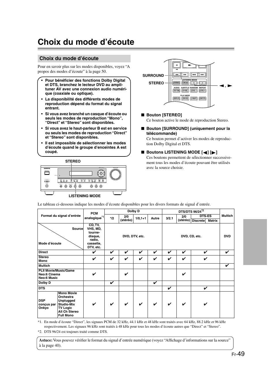 Choix du mode d’écoute, Utilisation des modes de, Reproduction...........................fr-49 | Bouton stereo (49), Boutons listening mode (49) | Onkyo HT-S3100 User Manual | Page 49 / 128