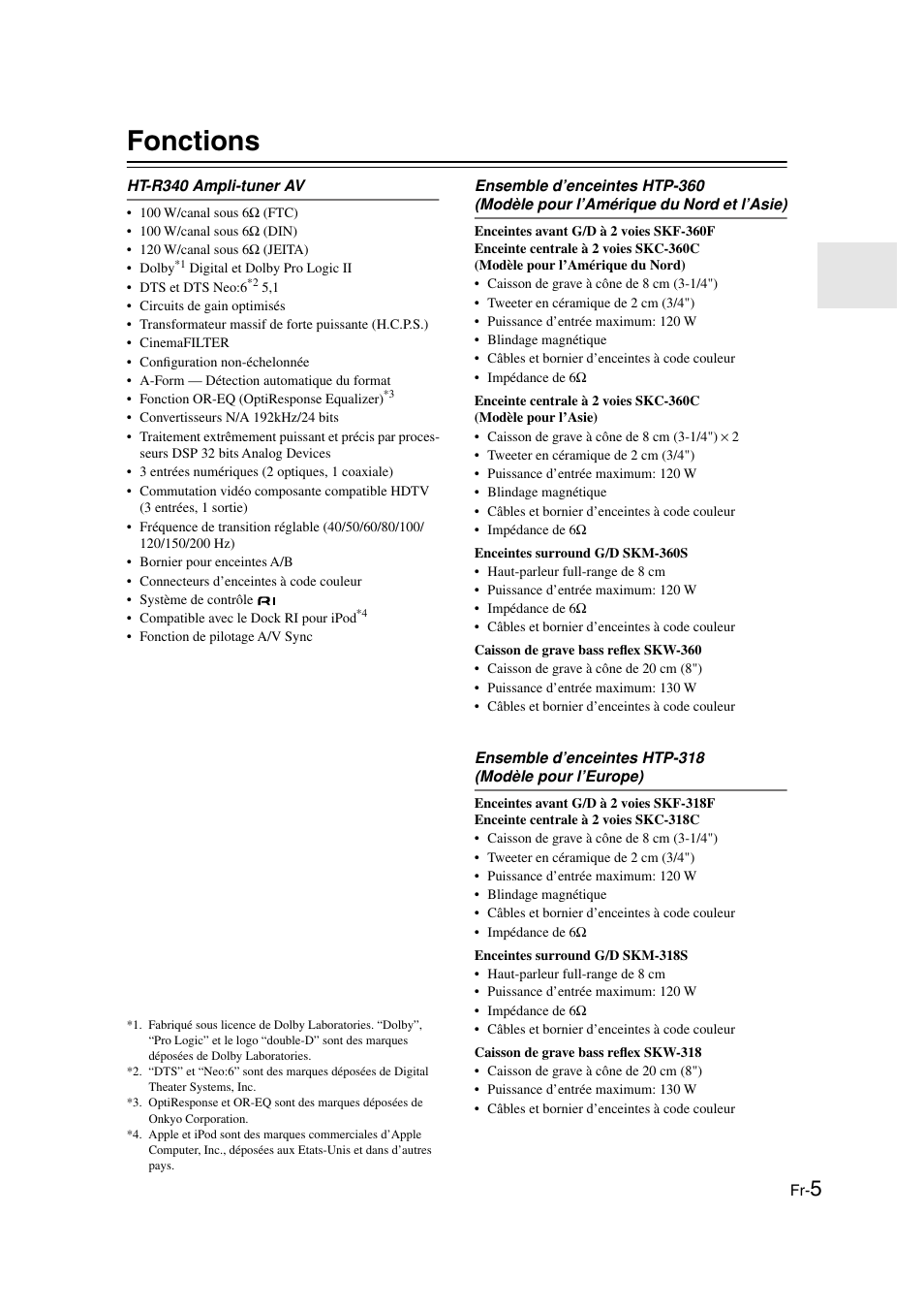 Fonctions, Ht-r340 ampli-tuner av | Onkyo HT-S3100 User Manual | Page 5 / 128