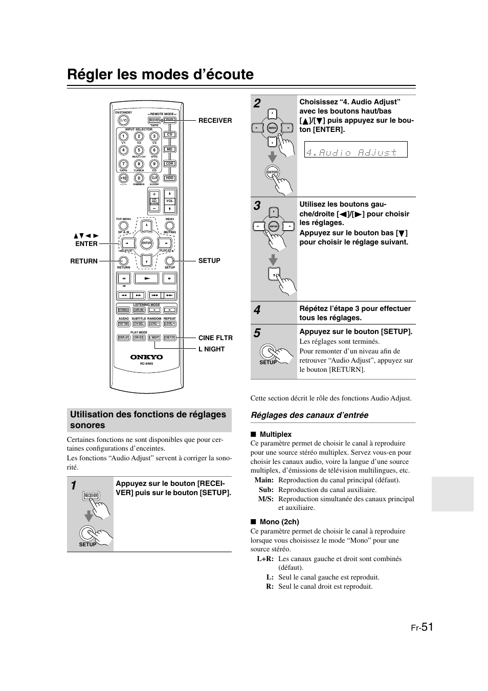 Régler les modes d’écoute, Utilisation des fonctions de réglages sonores, Réglages des canaux d’entrée | Manipulations plus, Sophistiquées ........................fr-51, Bouton return (51, Bouton setup (51, Bouton enter (51, Répétez l’étape 3 pour effectuer tous les réglages | Onkyo HT-S3100 User Manual | Page 51 / 128