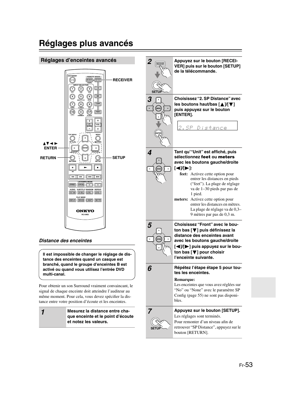 Réglages plus avancés, Réglages d’enceintes avancés, Distance des enceintes | Onkyo HT-S3100 User Manual | Page 53 / 128