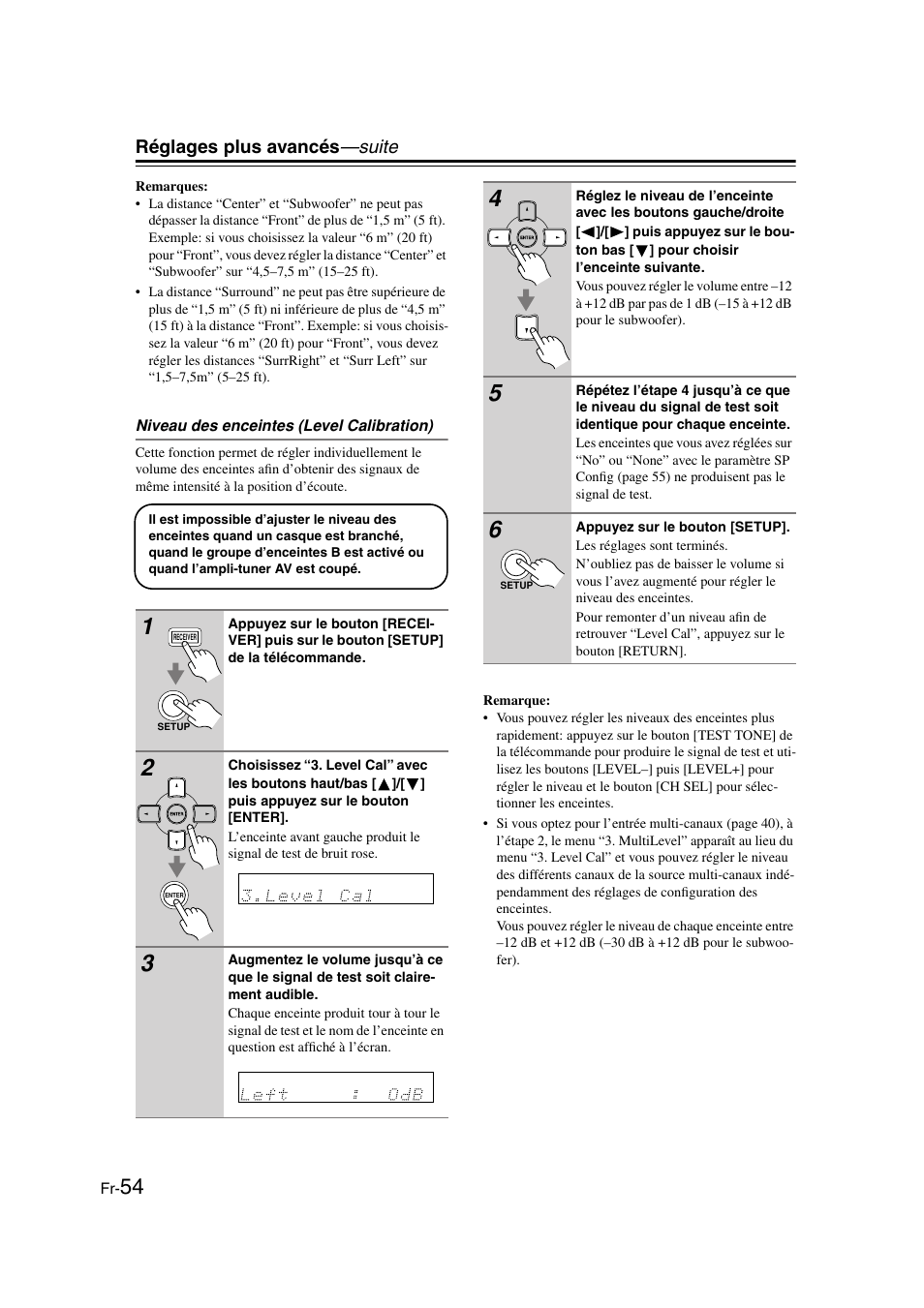 Niveau des enceintes (level calibration), Réglages plus avancés —suite | Onkyo HT-S3100 User Manual | Page 54 / 128