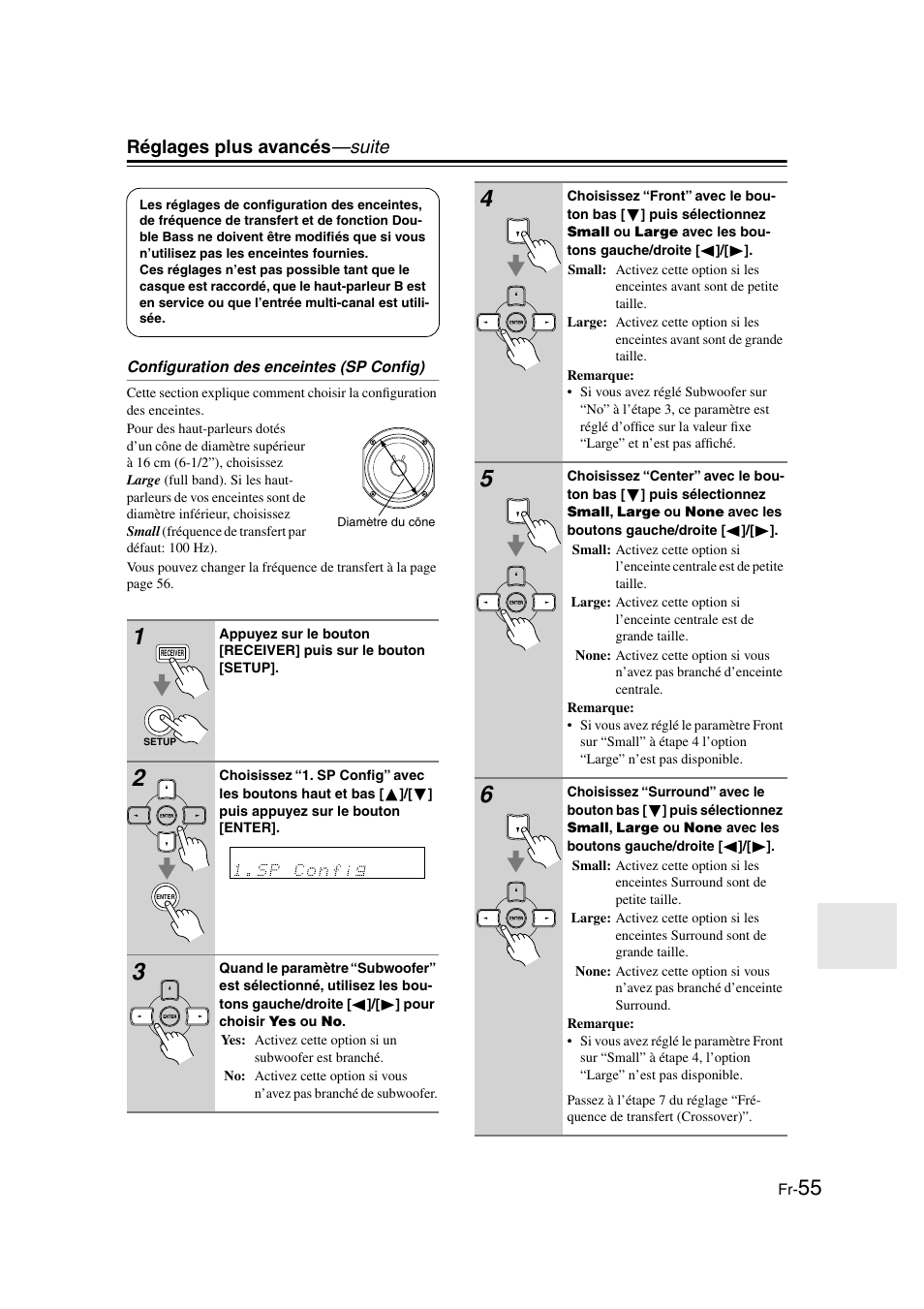 Configuration des enceintes (sp config), Réglages plus avancés —suite | Onkyo HT-S3100 User Manual | Page 55 / 128