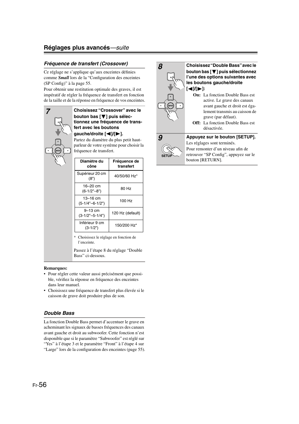 Fréquence de transfert (crossover), Double bass, Réglages plus avancés —suite | Onkyo HT-S3100 User Manual | Page 56 / 128