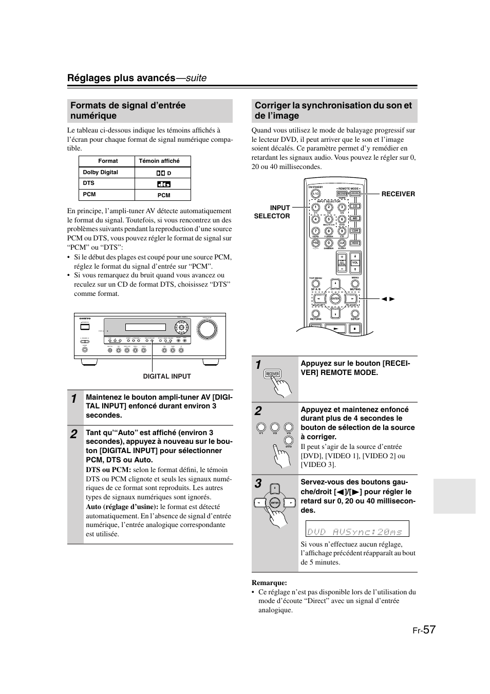 Formats de signal d’entrée numérique, Corriger la synchronisation du son et de l’image, Réglages plus avancés —suite | Appuyez sur le bouton [recei- ver] remote mode | Onkyo HT-S3100 User Manual | Page 57 / 128