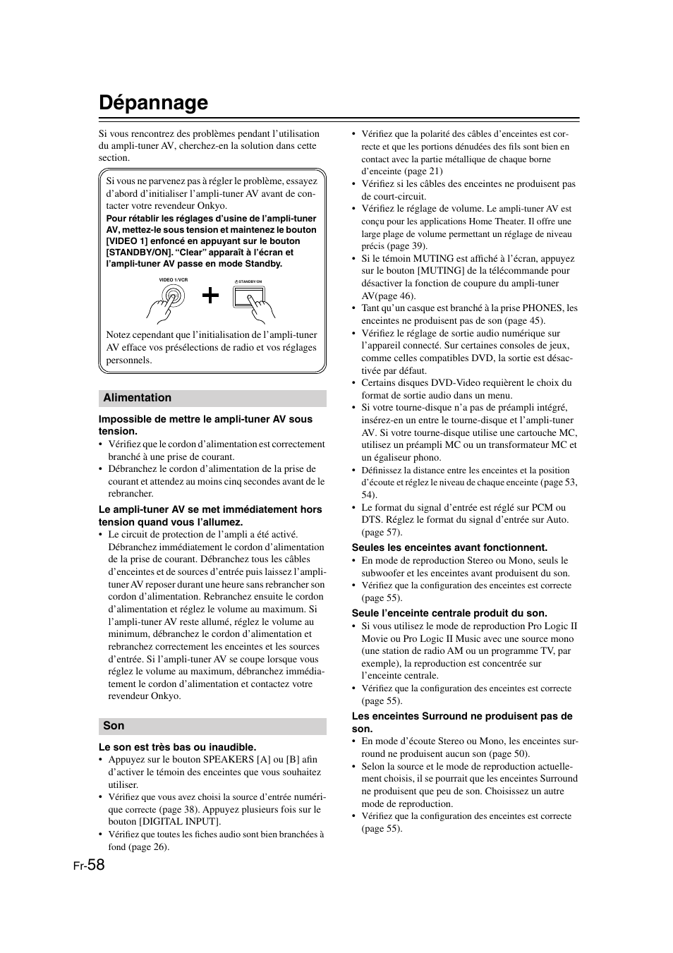 Dépannage, Dépannage.................................fr-58 | Onkyo HT-S3100 User Manual | Page 58 / 128