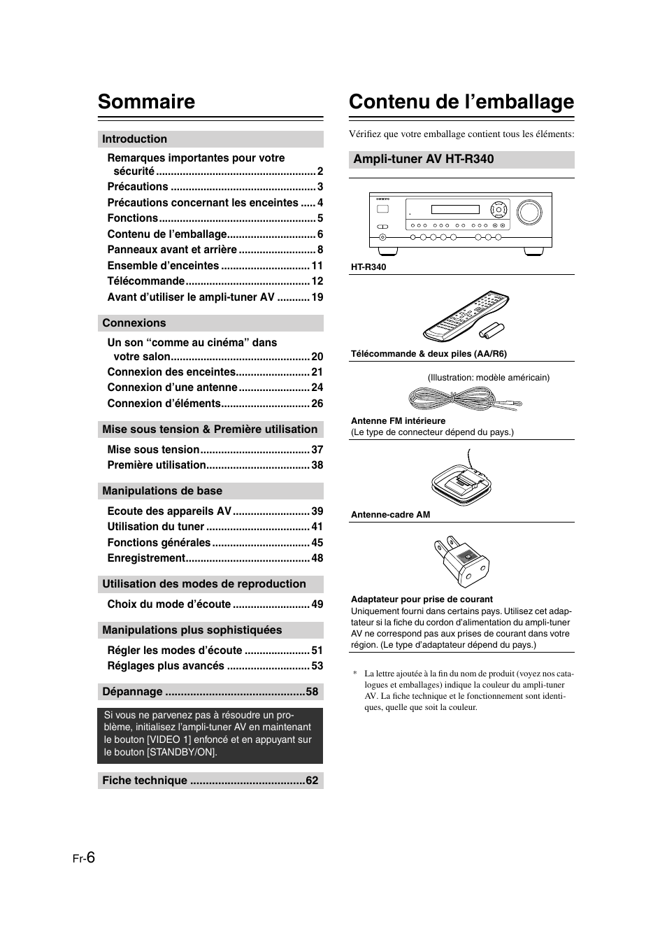 Sommaire, Contenu de l’emballage | Onkyo HT-S3100 User Manual | Page 6 / 128