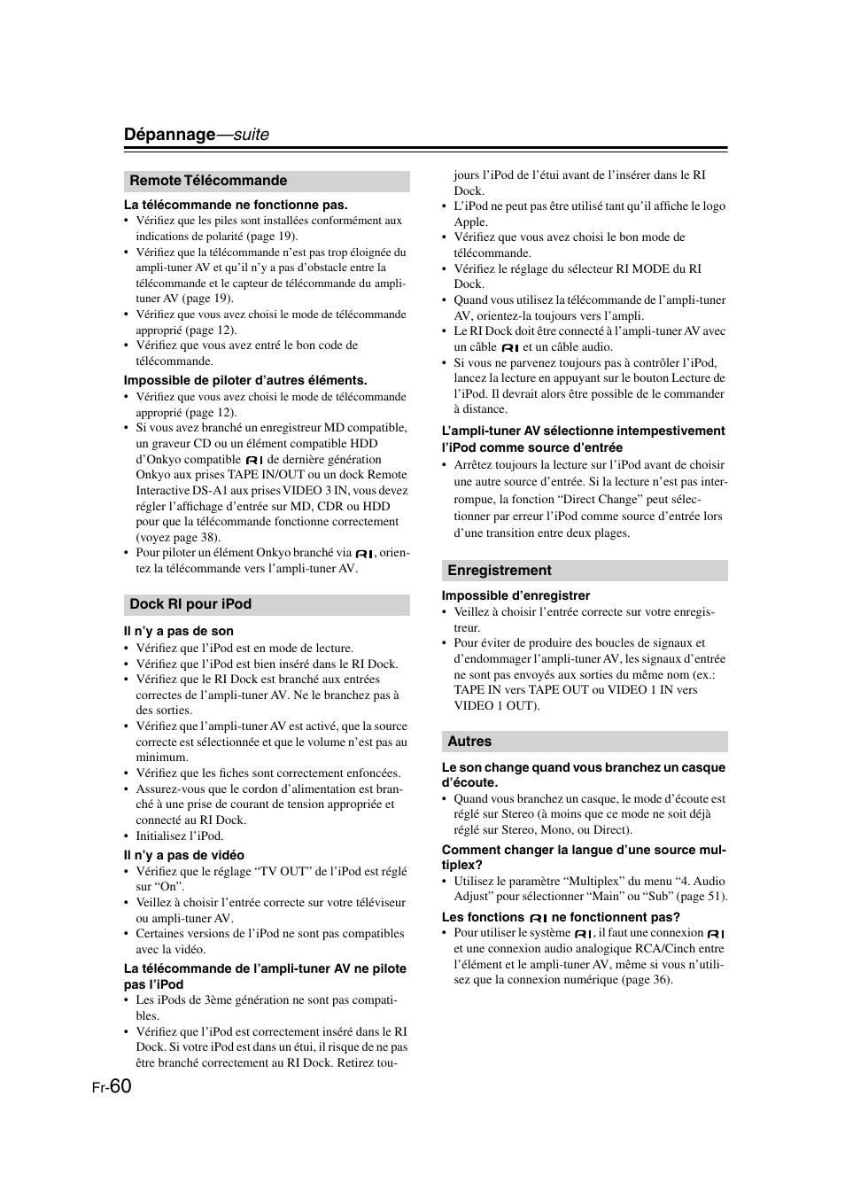 Dépannage —suite | Onkyo HT-S3100 User Manual | Page 60 / 128