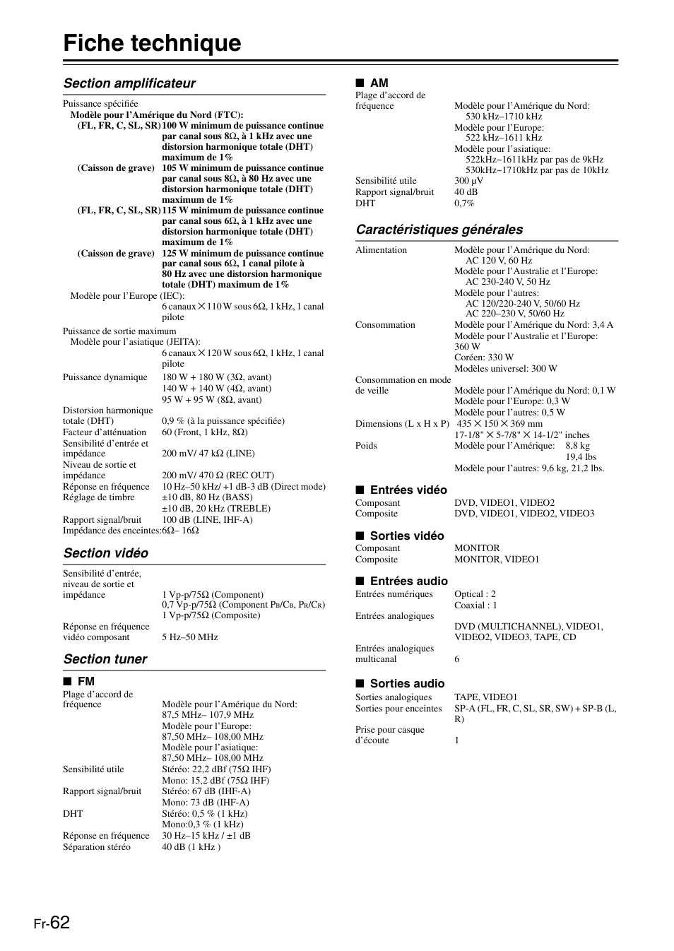 Fiche technique, Section amplificateur, Section vidéo | Section tuner, Caractéristiques générales, Fiche technique.........................fr-62 | Onkyo HT-S3100 User Manual | Page 62 / 128