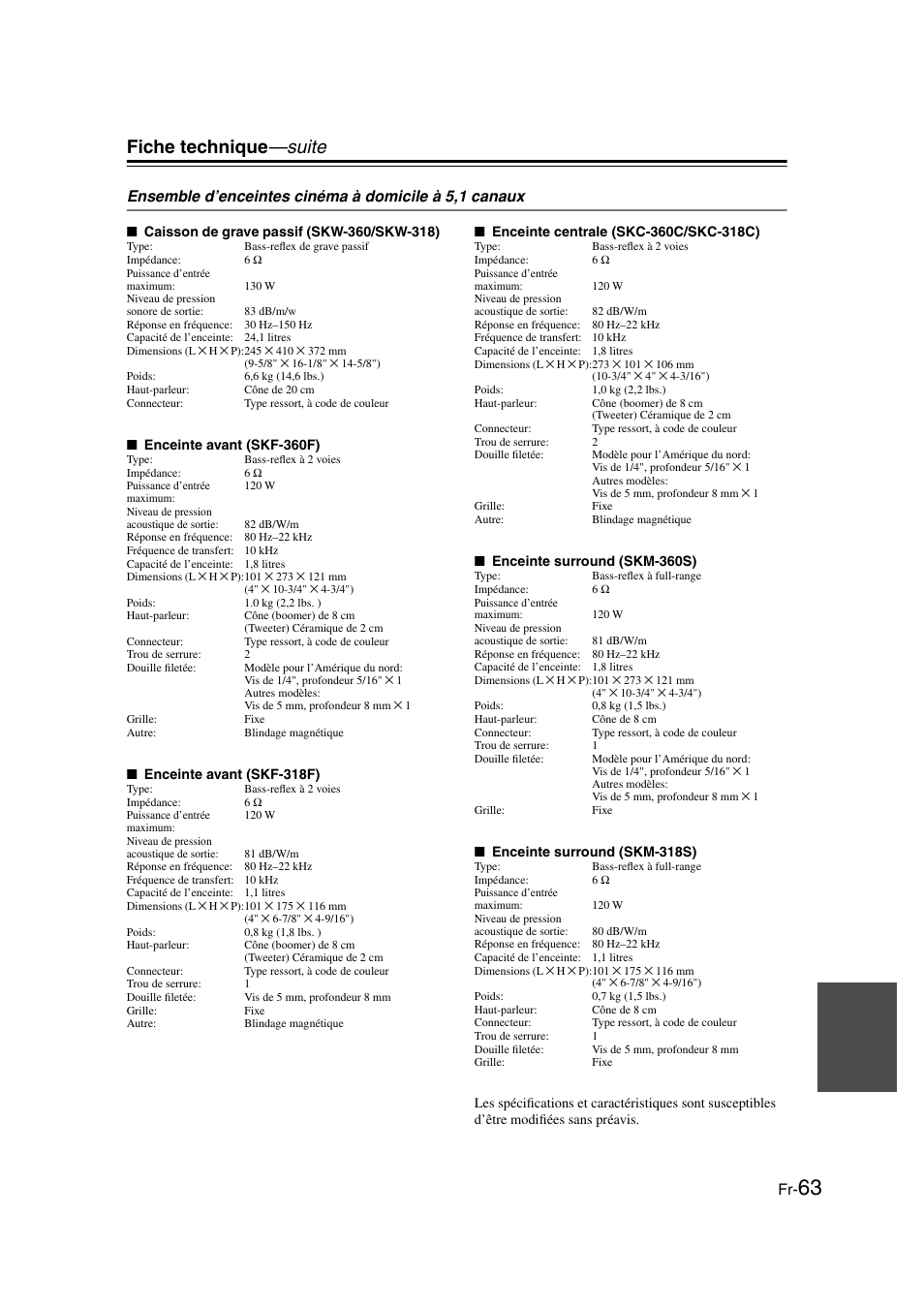 Fiche technique —suite | Onkyo HT-S3100 User Manual | Page 63 / 128