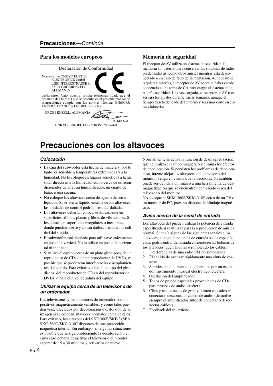 Precauciones con los altavoces, Colocación, Aviso acerca de la señal de entrada | Onkyo HT-S3100 User Manual | Page 66 / 128