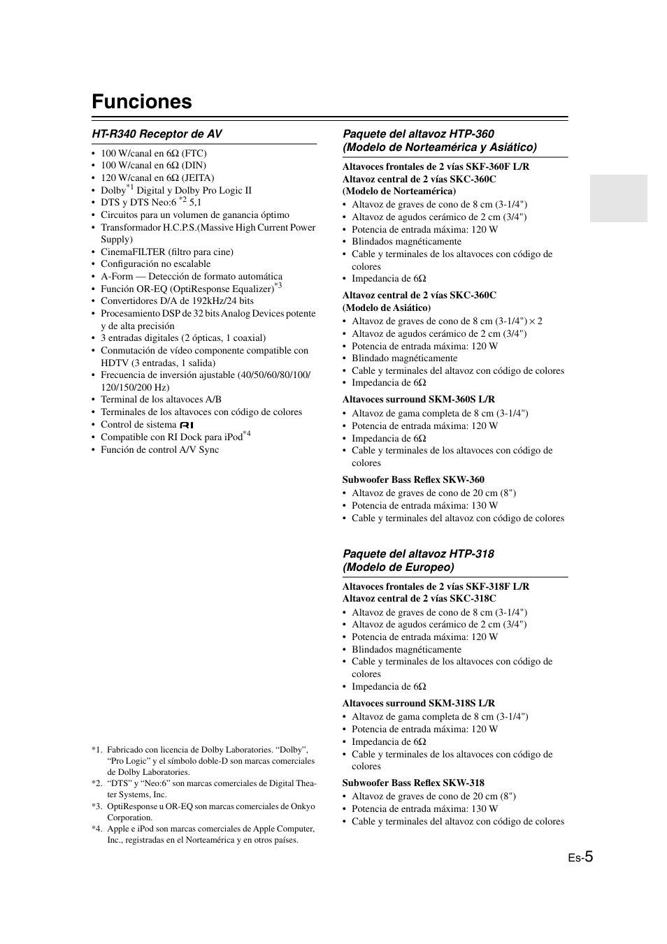 Funciones, Ht-r340 receptor de av, Paquete del altavoz htp-318 (modelo de europeo) | Onkyo HT-S3100 User Manual | Page 67 / 128