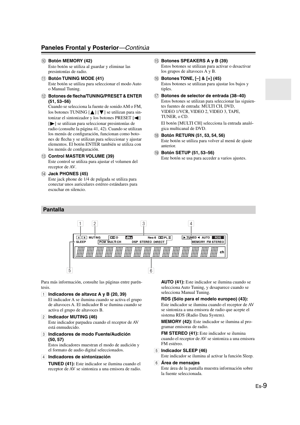 Pantalla, Paneles frontal y posterior —continúa | Onkyo HT-S3100 User Manual | Page 71 / 128